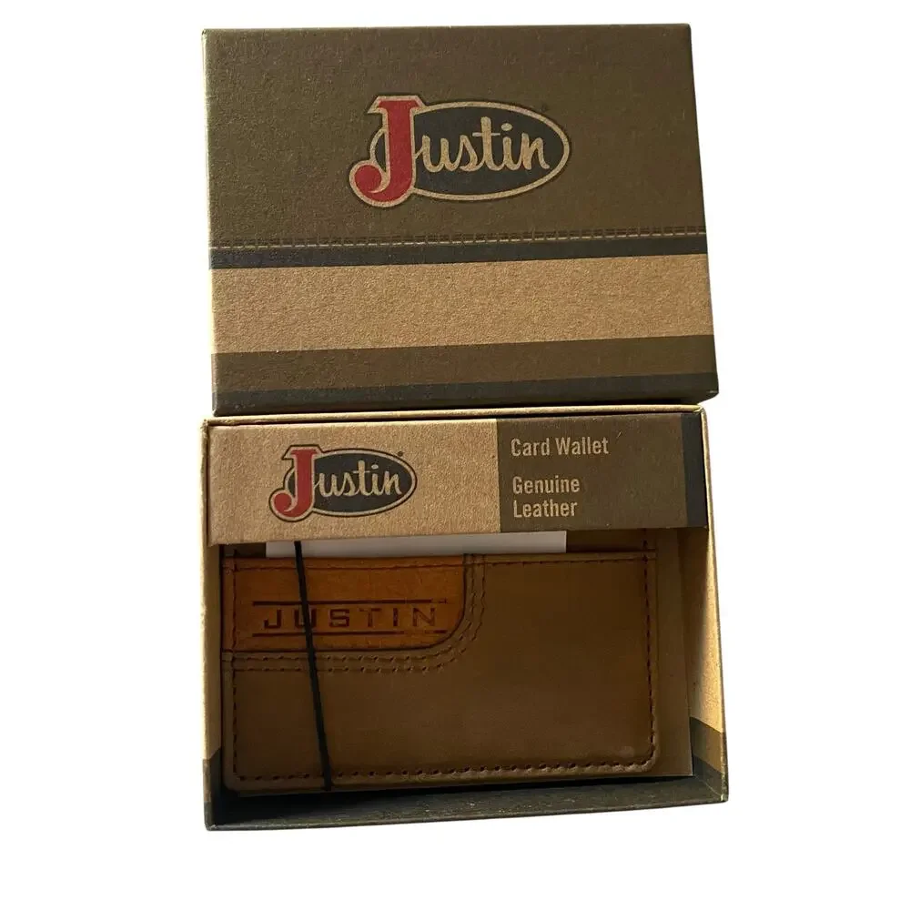NWT Men's Justin Two Tone Chestnut Genuine Leather Card Wallet w/ Embossed Logo